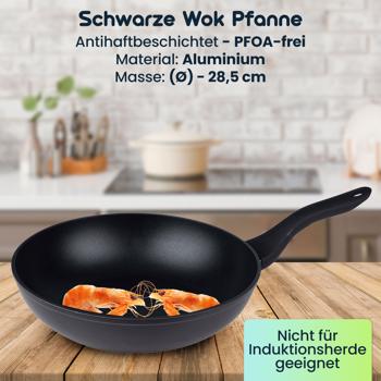 Preview: Schwarze Wok Pfanne (Ø 28,5cm): Aluminium, Antihaft - Perfekt für Gemüse, Fleisch, Reis, Nudeln - Gesund & Lecker Kochen