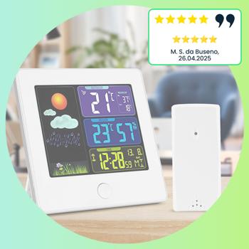 Preview: Elegante stazione meteorologica wireless (bianca) con sensore esterno - Termometro, igrometro, sveglia e display a colori illuminato - Comodo monitoraggio delle condizioni atmosferiche