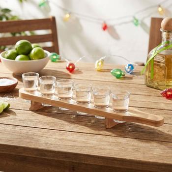 Schnapsbrett aus Bambus für 6 Schnapsgläser - Robust & langlebig - 40ml je Glas - Servierbrett mit Griff - Perfekt für Party, Bar, Geburtstag - 45x6x6 cm