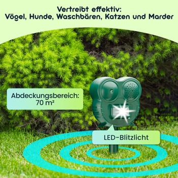 Preview: Wirkungsvolle Ultraschall Tierabwehr mit LED-Blitzlicht & PIR-Sensor – 2-in-1 Tierschreck, 70 m² – Vertreibt Katzen, Hunde & Wildtiere