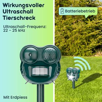 Preview: Wirkungsvolle Ultraschall Tierabwehr mit LED-Blitzlicht & PIR-Sensor – 2-in-1 Tierschreck, 70 m² – Vertreibt Katzen, Hunde & Wildtiere