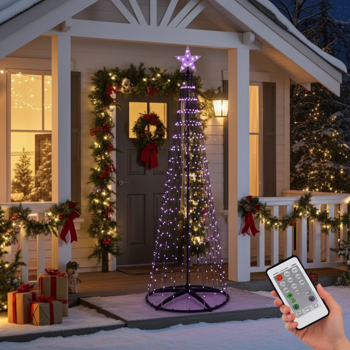 Albero di Natale LED 210 cm - forma a cono, multicolore 370 LED - IP44 resistente agli spruzzi, incl. telecomando per interni ed esterni