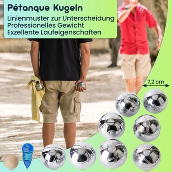 Preview: Hochwertiges Boule- & Pétanque-Spiel, 8 Metallkugeln, Holzkugel, Abstandsmesser, Tragetasche, Boccia Kugeln mit idealen Laufeigenschaften 