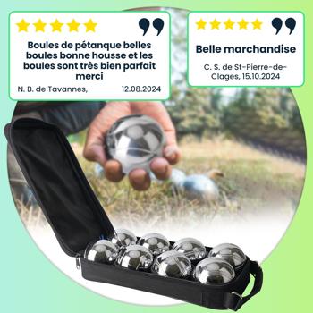 Preview: Jeu de pétanque, 8 boules en métal, 1 cochonnet en bois, cordelette et housse, qualités de roulement idéales