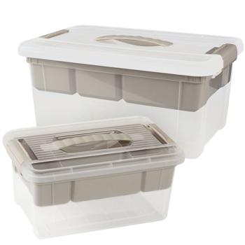 Aufbewahrungsboxen 2er-Set - integrierter Organizer & Klickverschluss - 5/9 Liter transparent/grau - staub-/mottenfrei für Kabel, Werkzeug & Zubehör