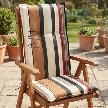 Preview: Elegante cuscino a schienale alto con motivo a righe, nei toni della terra, 123x50x6 cm - Design elegante per trascorrere ore confortevoli sulla vostra sedia da giardino