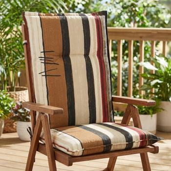 Preview: Elegante cuscino a schienale alto con motivo a righe, nei toni della terra, 123x50x6 cm - Design elegante per trascorrere ore confortevoli sulla vostra sedia da giardino