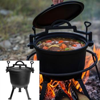 Preview: Gusseisen Camping-Kochtopf (7 Liter) - Lagerfeuertopf, schwarz, Deckel für schnelles Dampfkochen - Emaille-Beschichtung - für die Outdoor-Küche