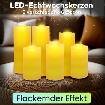 Preview: 6er-Set LED-Echtwachskerzen mit Fernbedienung – dimmbar, flackernder Effekt, verschiedene Grössen, batteriebetrieben für stimmungsvolle Beleuchtung