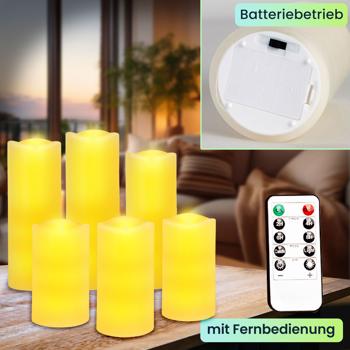 Preview: 6er-Set LED-Echtwachskerzen mit Fernbedienung – dimmbar, flackernder Effekt, verschiedene Grössen, batteriebetrieben für stimmungsvolle Beleuchtung