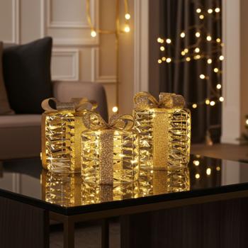 Goldene LED-Deko-Geschenke, 3er Set, warmweisses Licht – Timer-Funktion, batteriebetrieben, festliche Weihnachtsdekoration
