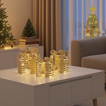 Preview: Regali decorativi a LED dorati, set di 3, luce bianca calda - funzione timer, a batteria, decorazione natalizia festosa