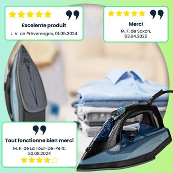 Preview: Fer à repasser vapeur puissant 2600W - Semelle céramique, anticalcaire, antigoutte & arrêt auto - Défroissage vertical, réservoir 0.32L - Bleu/Noir