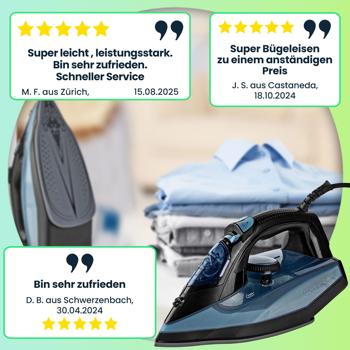 Preview: Leistungsstarkes Dampfbügeleisen mit Keramik-Bügelsohle, 2600 W, Anti-Kalk-System, 0,32 l Wassertank, vertikale Dampffunktion, blau-schwarz