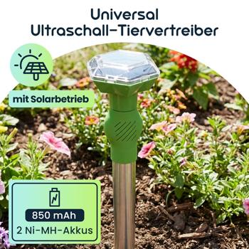 Preview: 2er-Set Universal Ultraschall-Tiervertreiber, Solar & Akku, bis 40 m², Hunde- & Katzenschreck, mobil, sichere Tierabwehr, ohne Chemie