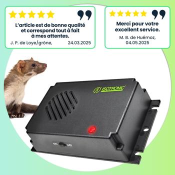 Preview: Répulsif mobile anti-martres à ultrasons efficace - Protection voiture, moteur, grenier, maison, jardin - Piles 12 mois autonomie - 40 m² - 12 kHz