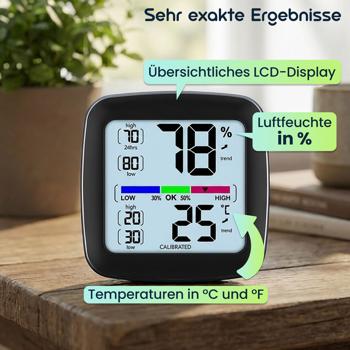 Preview: Digitales Präzisions-Thermo-Hygrometer – kalibrierbar mit LCD-Display – genaue Messung von Temperatur & Luftfeuchtigkeit – ideal für Zuhause, Büro & Garten