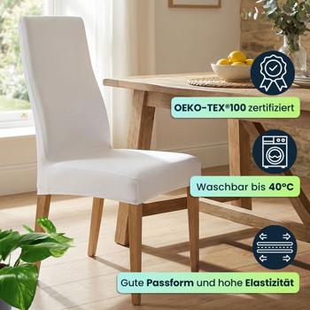 Preview: Edler Stuhlbezug, weiss, 2er-Set, aus Stretch mit Lehnenbezug, OEKO-TEX Standard 100, waschbar bis 40°C, Schutz vor Abnutzung