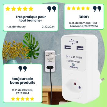 Preview: Multiprise murale 2 ports USB-A (2,4 A) – chargeur secteur avec protection contre les surtensions et sécurité enfant – Swiss Edition