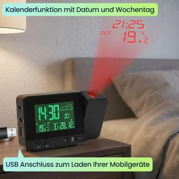 Preview: Projektions-Wecker mit Funk-Wetterstation, USB-Port, Aussensensor, schwarz, Zeitanzeige, Kalender, Temperaturanzeige Innen und Aussen