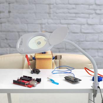Preview: Lampada d‘ingrandimento a LED, ingrandimento 5x, braccio articolato, 5W, 450 lumen - Ausilio di lettura preciso e luce da lavoro per cosmetici, artigianato, riparazioni