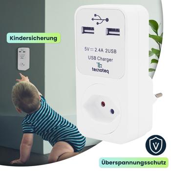 Preview: 2er-Set Schweizer USB-Steckdose mit 2x USB-Ladeport 2.4A - Überspannungsschutz und Kindersicherung - Ideal für Smartphones & Tablets - Max. 2300W/10A