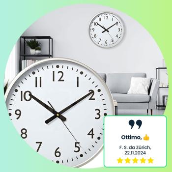 Preview: Elegante orologio da parete (38 cm, bianco-argento) con movimento al quarzo di precisione silenzioso - Design senza tempo per soggiorno, cucina e ufficio