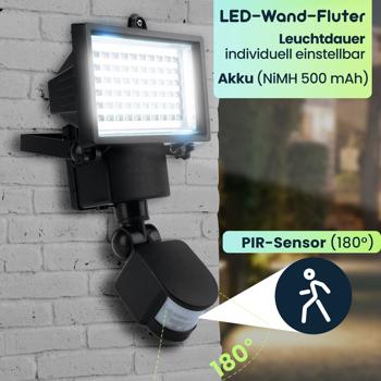 Preview: Solar LED Wand Fluter für aussen, PIR-Sensor 180° , 12 W, besonders helle 750 Lumen, IP44, völlig autark dank Solarpanel, angenehmes weisses Licht