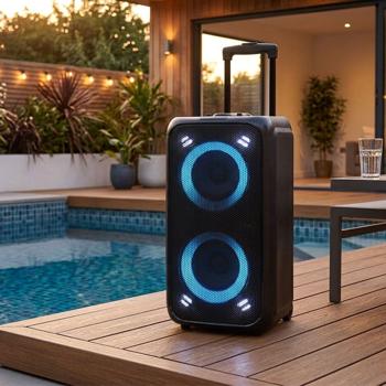 Enceinte sono portable Bluetooth - Éclairage RGB, mode stroboscopique, entrée micro/guitare - 2 subwoofers 5.25", 2 tweeters 2", autonomie 5h, trolley