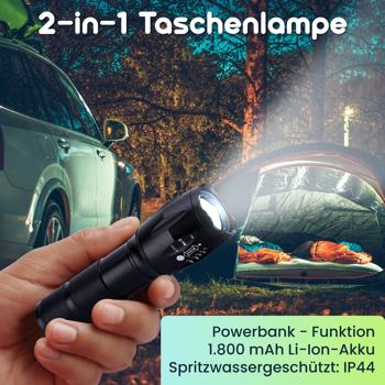Preview: Besonders helle 2in1 LED-Taschenlampe (260 lm) plus Powerbank zum Laden von Smartphones, 1800mAh Li-Ion-Akku, IP44, wiederaufladbar, 3 Leuchtmodi