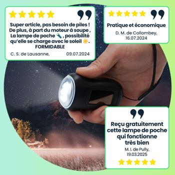 Preview: Lampe de poche LED dynamo pratique avec manivelle et panneau solaire, 3 LED haute puissance, 20 lm, batterie lithium-ion, idéale pour camping, voyages, plein air 