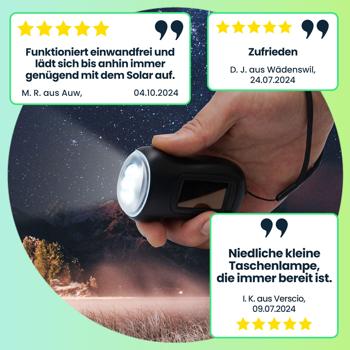 Preview: Praktische LED-Dynamo-Taschenlampe mit Handkurbel und Solarpanel, 3 High Power LEDs, 20 lm, Li-Ion-Akku, ideal bei Camping, Reisen, Outdoor