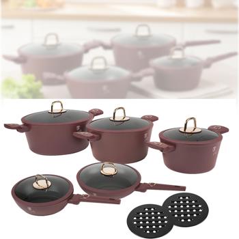 Design Kochset inkl. Untersetzer, Aluminium, 10-teilig, Titan Antihaftbeschichtung, bordeaux, für alle Herdarten geeignet