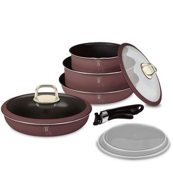 Hochwertiges Aluminium Pfannen-Set, 9-teilig, Bordeaux, Titanbeschichtung – Abnehmbarer Griff, Smart Lids & Glasdeckel, elegantes Design