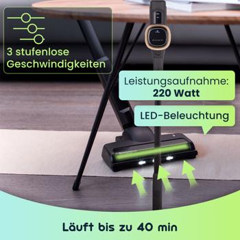Preview: Design Akku-Staubsauger, 220 W BLDC Motor, 25,9 V Li-ION Akku, schwarz-roségold, Bürste mit LED Beleuchtung