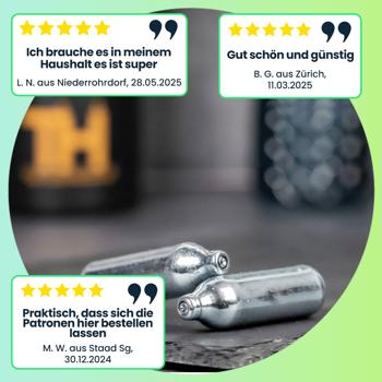 Preview: 12 Sahnekapseln für gängige Schlag-Sahnespender, 8 g Gas pro Kapsel, Druckkapseln für alle gängigen Sahnespender, Sahnebereiter, Cream Wipper