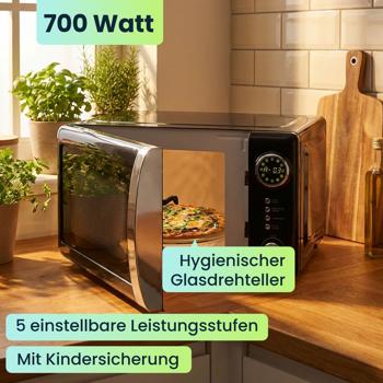 Preview: Stylische Vintage-Mikrowelle, 20 Liter, 700 Watt, 5 Stufen, schwarz. Robuster Retro-Mikrowellenofen, ideal für den modernen Küchen-Look