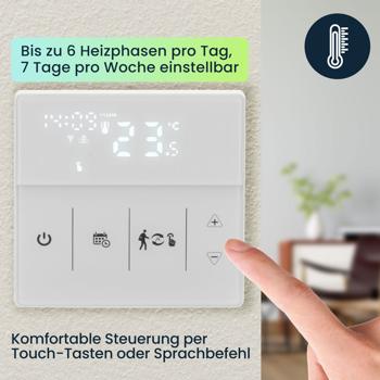 Preview: WLAN-Raumthermostat für Fussbodenheizung: App, Touch & Sprachsteuerung, weisses Design-LCD – Präzise, bequeme Heizungssteuerung