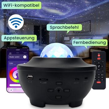 Preview: 2er-Set Laser-Sternenhimmel-Projektor - Bluetooth Lautsprecher & Sprachsteuerung via App - Bis 200qm Abdeckung - WiFi, RGBW-LED, Nachtlicht & Timer