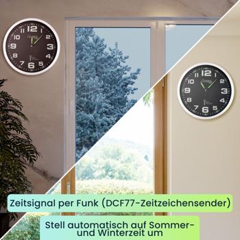 Preview: set di 2 orologi da parete silenziosi radiocomandati, alluminio, Ø 30 cm, display luminescente, argento-nero. Preciso movimento al quarzo, elegante decorazione da parete