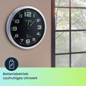 Preview: set di 2 orologi da parete silenziosi radiocomandati, alluminio, Ø 30 cm, display luminescente, argento-nero. Preciso movimento al quarzo, elegante decorazione da parete