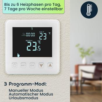 Preview: 4er-Set Wandthermostat für Fussbodenheizung - Programmierbar mit Touch-Tasten, LCD-Display & Urlaubsmodus - Frostschutz-Automatik, 230V