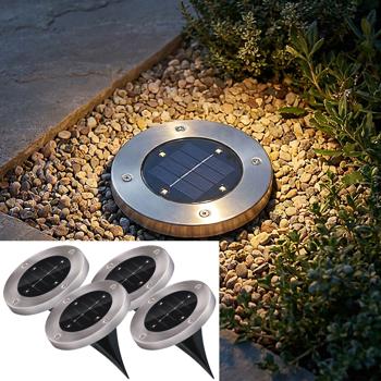 Lot de 4 lampes solaires au sol en acier inoxydable - Éclairage jardin, terrasse, balcon - LED SMD, Ø 12x13 cm, automatique, 8h charge
