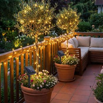 Set da 2 catene luminose solari con sensore crepuscolare – 8 modalità di luce per giardino e balcone – 12 m, 100 LED bianco caldo, protezione dagli spruzzi IP44