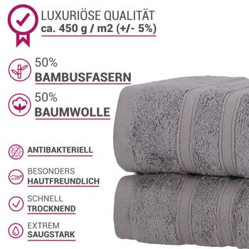 Preview: Lot de 2 Serviettes de Douche - Bambou & Coton, 70x140cm, Grises - Douces, Absorbantes, Antibactériennes - Oeko-Tex 100 - 450 g/m²