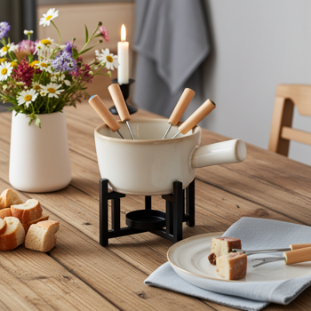 Preview: Komplett-Fondue-Set für 1-2 Personen, Porzellan & Metall, Beige-Schwarz – Mit Teelicht-Rechaud & 2 Fonduegabeln – Für Käse, Fleisch oder Schokolade