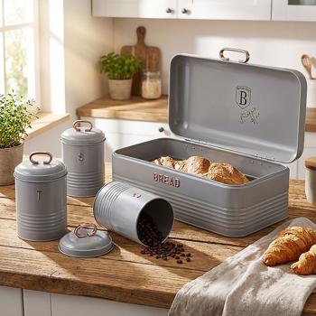 Vintage-Vorratsbehälter-Set: Edelstahl, edles grau-rosegold, Brotbox, Kaffeedose, Zuckerdose, Teedose mit Aufdruck, für nostalgische & stilvolle Aufbewahrung