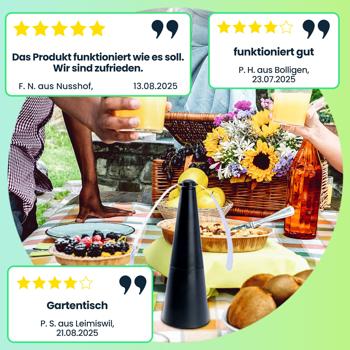 Preview: 4er Akku-Fliegenvertreiber mit 2 Flügeln, tierfreundlicher Fliegenwedler ohne Chemie, Li-Ion Akku, Hinstellen, Aufhängen auf Balkon, Terrasse, im Garten