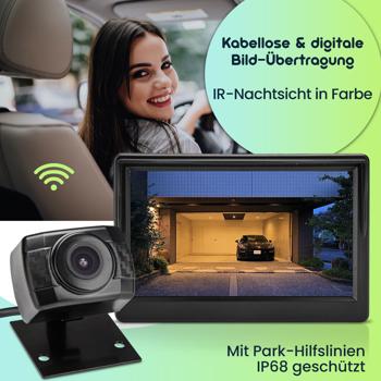 Preview: Kabellose Auto Funk-Rückfahrkamera, HD Qualität, FarbDisplay 12,7 cm, AHD-Sensor, IR Nachtsicht, Einparkhilfe für PKW, Gelände KFZ, Caravans