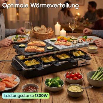 Preview: Elegantes Raclette-Set für 8 Personen (1300W) – Grill- und Steinplatte, Antihaftbeschichtung, Thermostat, Anthrazit – Hochwertiger Tischgrill für gesellige Abende